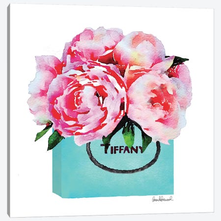 Teal Fashion Shopping Bag With Pink Peonies Canvas Print #GRE89} by Amanda Greenwood Canvas Artwork