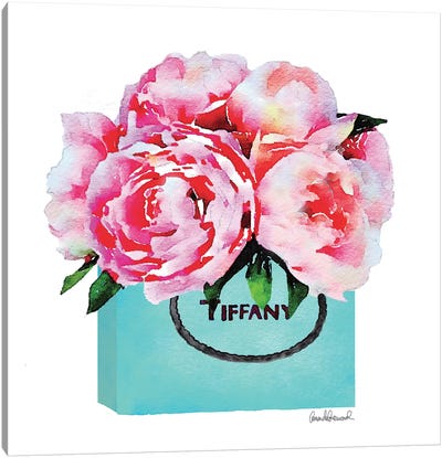 Teal Fashion Shopping Bag With Pink Peonies Canvas Art Print - Shopping