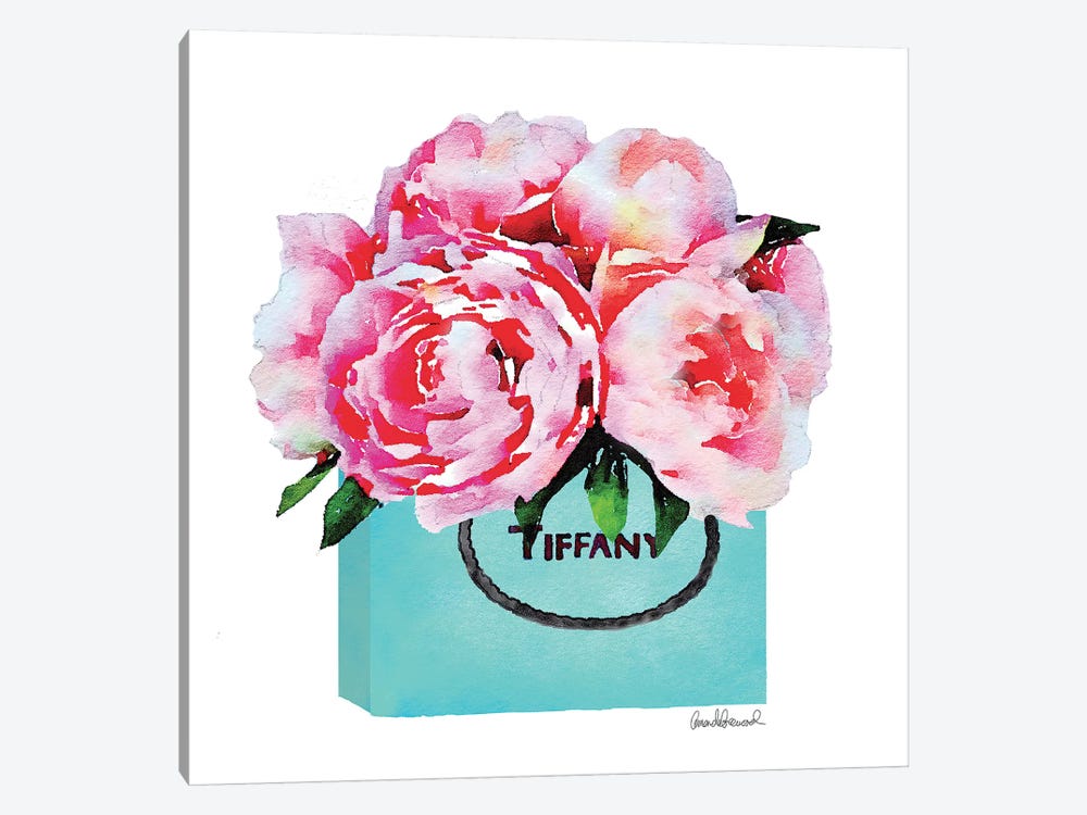 Teal Fashion Shopping Bag With Pink Peonies by Amanda Greenwood 1-piece Canvas Artwork