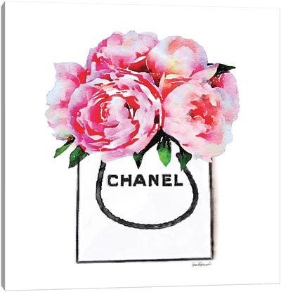 White Fashion Shopping Bag With Pink Peonies Canvas Art Print - Marble & Blush