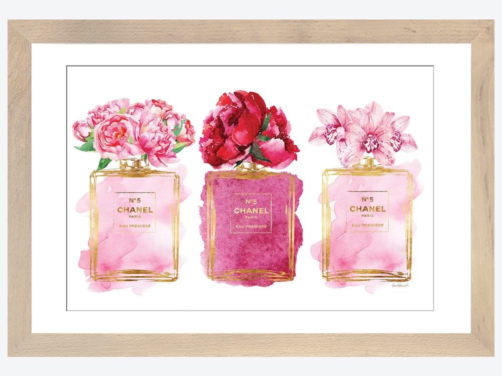 Framed Canvas Art (Champagne) - Three Perfume Bottles in Pink by Amanda Greenwood ( Fashion > Hair & Beauty > Perfume Bottles art) - 18x26 in