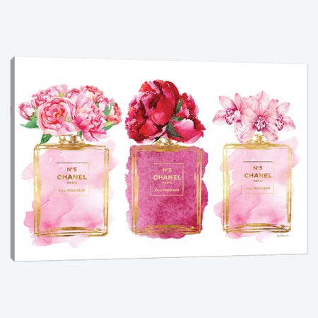 Three Perfume Bottles In Pink Canvas Print #GRE92} by Amanda Greenwood Canvas Print