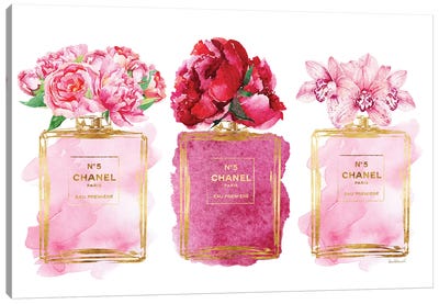 Three Perfume Bottles In Pink Canvas Art Print - Floral & Botanical