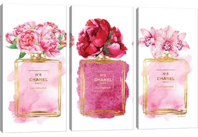 Three Perfume Bottles In Pink Canvas Art Print - 3-Piece Floral & Botanical Art