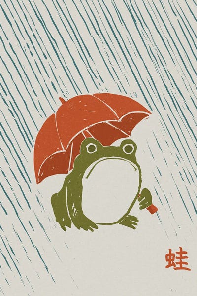 Cream Art - Canvas Prints: Frog With Umbrella In The Rain by Laura Graves