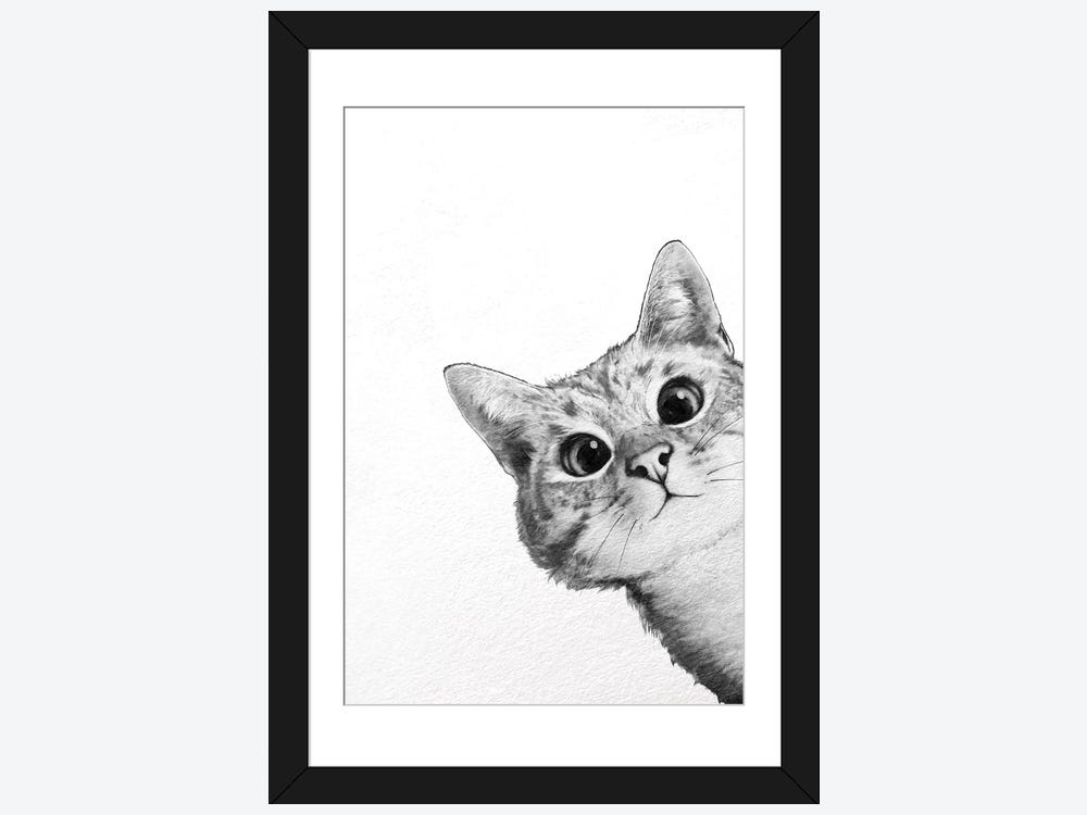 DenyDesigns. Sneaky Cat by Laura Graves Framed Art Canvas Animal Wall Art 30 in. x 24 in., Black-White