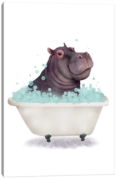 Hippo In The Bathtub Canvas Art Print - Hippopotamus Art