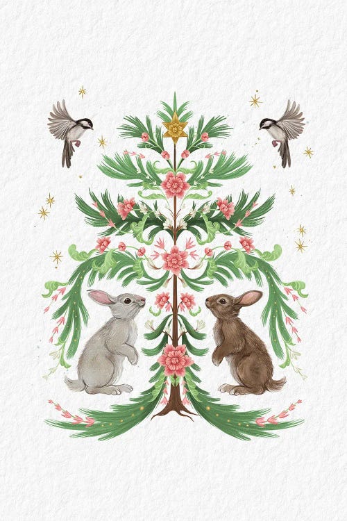 Christmas Tree Rabbits Light by Laura Graves wall art