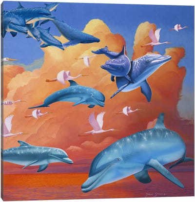 Dolphins Clouds Canvas Art Print - Graeme Stevenson