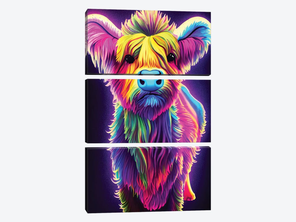 Neon Highland Cow by Gloria Sánchez 3-piece Canvas Art