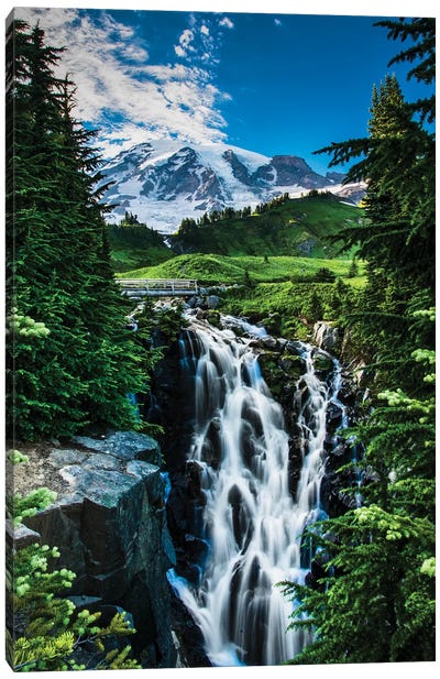 USA, Washington State, Mount Rainier National Park, Mount Rainier, waterfall Canvas Art Print - Washington Art
