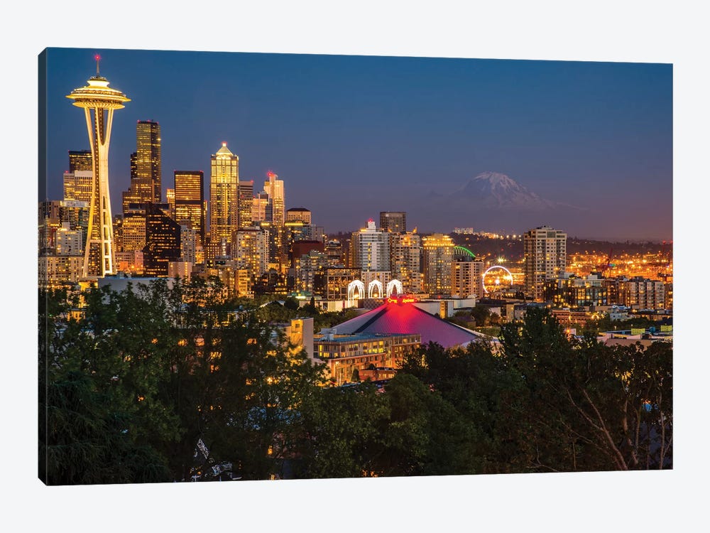 USA, Washington State. Seattle, Night Scene, Mount Rainier, 1-piece Canvas Art