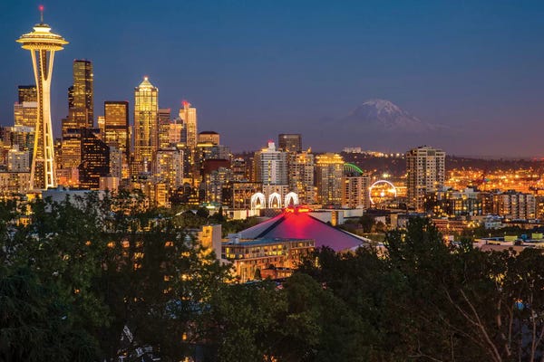 Seattle: USA, Washington State. Seattle, Night Scene, Mount Rainier, by George Theodore