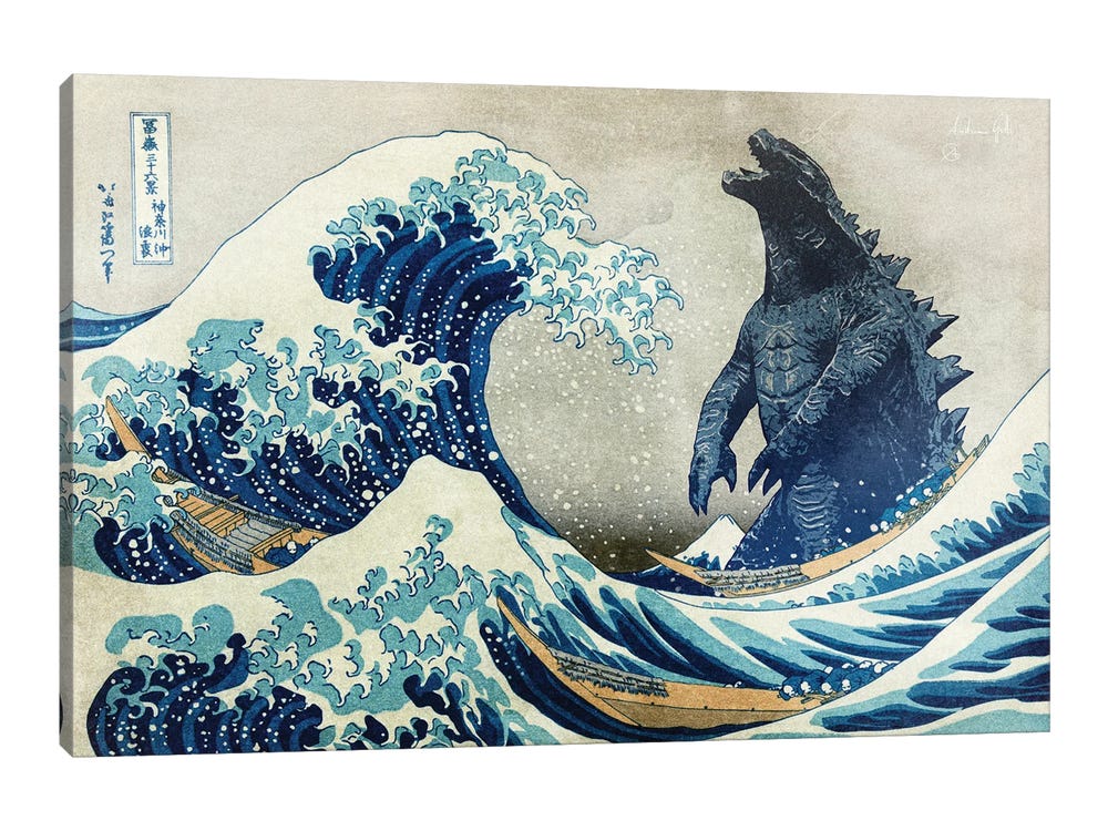 The Great Wave With Monster Canvas Wall Art by Andrea Gatti The Great Wave With Monster Canvas Wall Art by Andrea Gatti