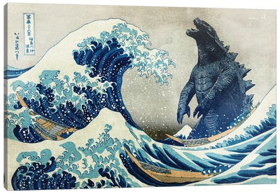 The Great Wave With Monster Canvas Art Print - Man Cave Decor