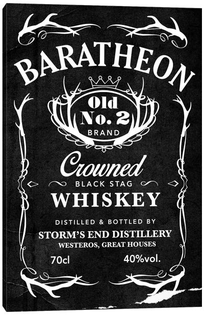 Baratheon Black Stag Whiskey Canvas Art Print - Black & White Pop Culture Art