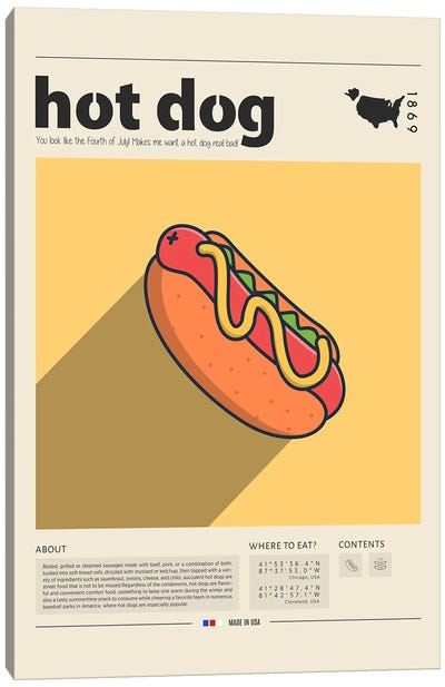 Hot Dog Canvas Art Print - International Cuisine Art