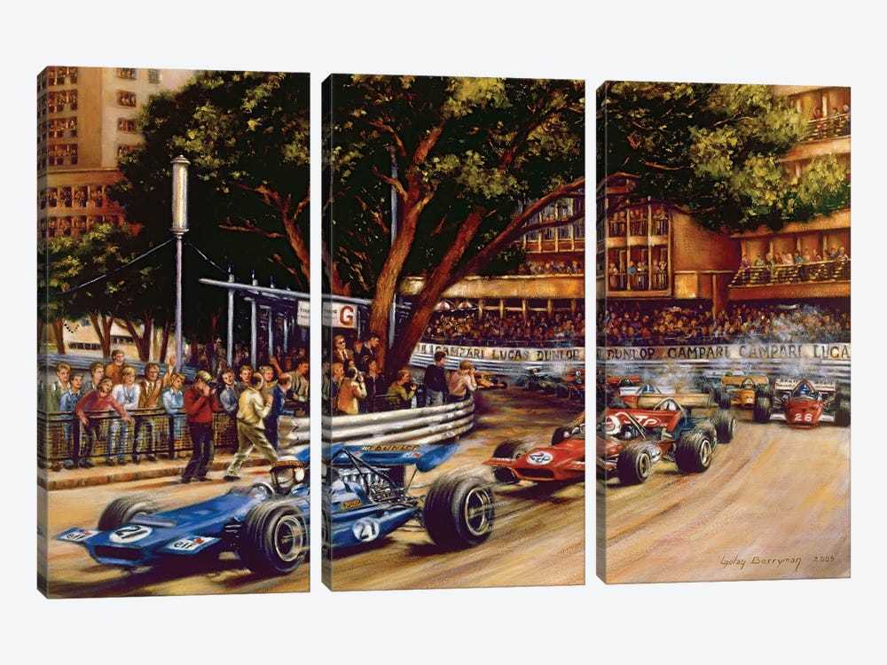 Round Ste. Devote (1970 Monaco Grand Prix) by Gulay Berryman 3-piece Canvas Art Print
