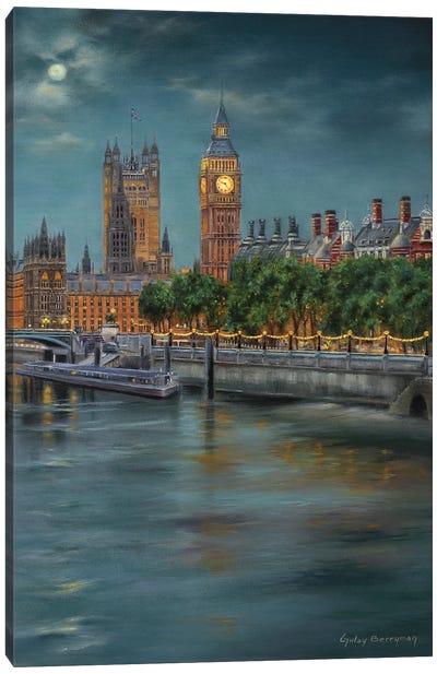 Along The Thames At Night Canvas Art Print - Gulay Berryman