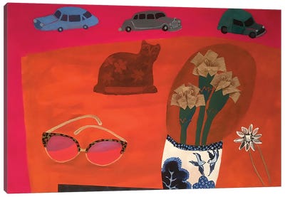 Red Table With Parked Cars Canvas Art Print - Glasses & Eyewear Art