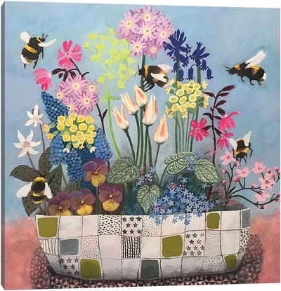 Bumblebees Welcome Spring Flowers Canvas Art Print - Gertie Young