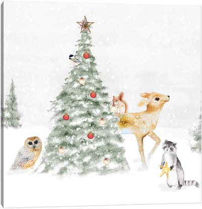 Woodland Christmas II Canvas Art Print - Raccoon Art