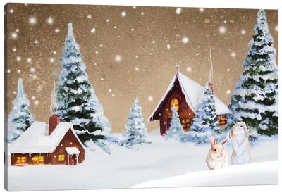 Christmas Village Canvas Art Print - Christmas Trees & Wreath Art