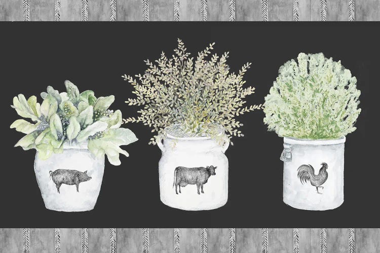 Potted Farm Arrangement Trio on Chalkboard by Janice Gaynor wall art