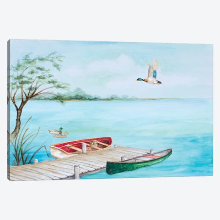 Fishing Dock With Mallards Canvas Print #GYN62} by Janice Gaynor Canvas Art