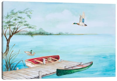 Fishing Dock With Mallards Canvas Art Print