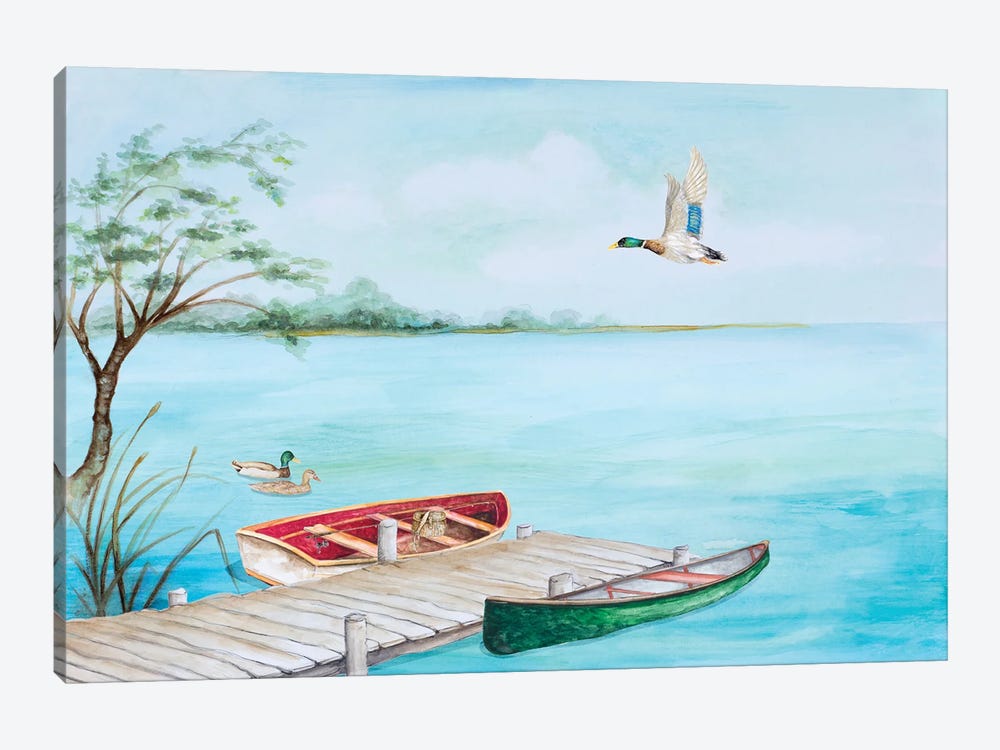 Fishing Dock With Mallards by Janice Gaynor 1-piece Art Print