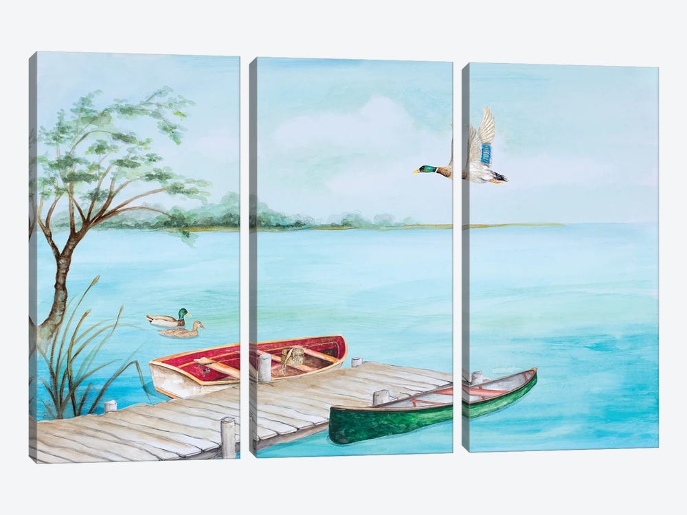 Fishing Dock With Mallards by Janice Gaynor 3-piece Canvas Art Print