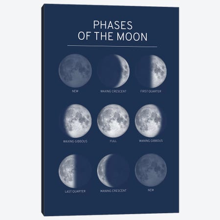 Phases of the Moon Chart - Blue Canvas Print #GYO148} by GetYourNerdOn Canvas Art Print