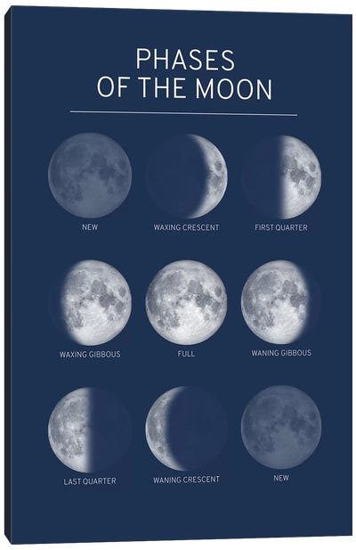 Phases of the Moon Chart - Blue Canvas Art Print - Middle School
