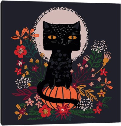 Halloween Kitty Canvas Art Print - Pumpkins