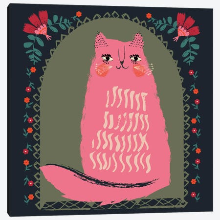 Happy Pink Cat Canvas Print #HBL26} by Helen Black Canvas Art