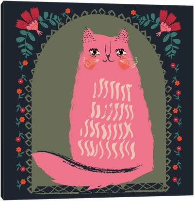 Happy Pink Cat Canvas Art Print - Helen Black