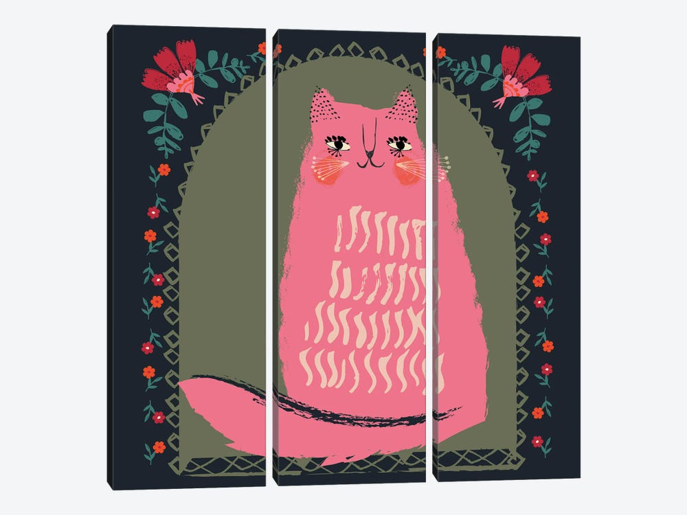 Happy Pink Cat by Helen Black 3-piece Canvas Wall Art