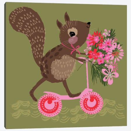 Happy Squirrel Cycling Canvas Print #HBL27} by Helen Black Canvas Artwork