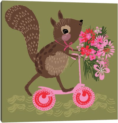 Happy Squirrel Cycling Canvas Art Print - Squirrel Art
