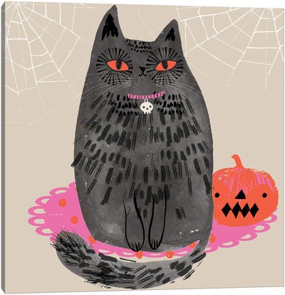 Witches Cat Canvas Art Print - Pumpkins