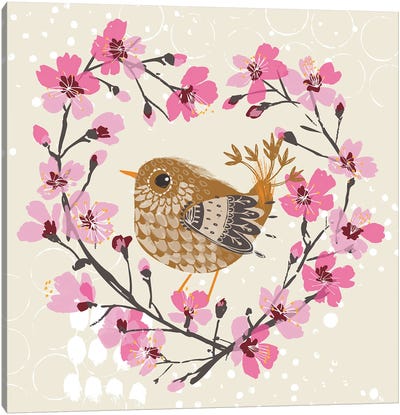 Wren With Blossom Heart Canvas Art Print - Wren Art