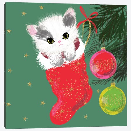 Christmas Kitten Canvas Print #HBL9} by Helen Black Canvas Artwork