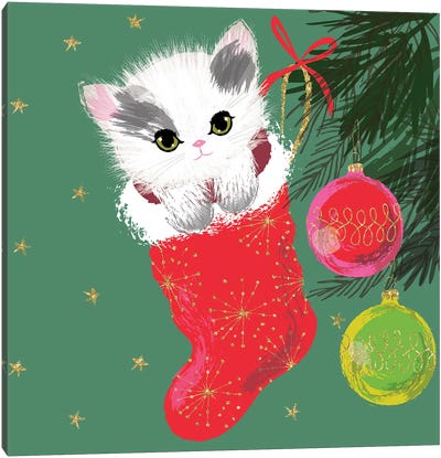 Christmas Kitten Canvas Art Print - Kitten Art