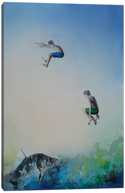 Jumping Boys, The Fish And The Ocean Canvas Art Print - Playful Surrealism