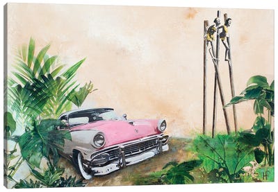A Holiday With The Pink Car II Canvas Art Print - Hanneke Pereboom