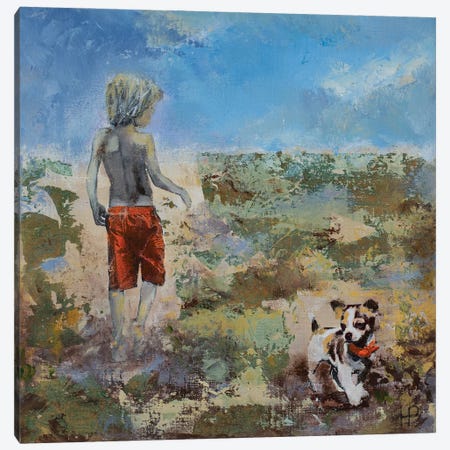 The Boy, The Dog And The Golden Beach Canvas Print #HBM21} by Hanneke Pereboom Canvas Artwork
