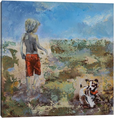 The Boy, The Dog And The Golden Beach Canvas Art Print - Hanneke Pereboom