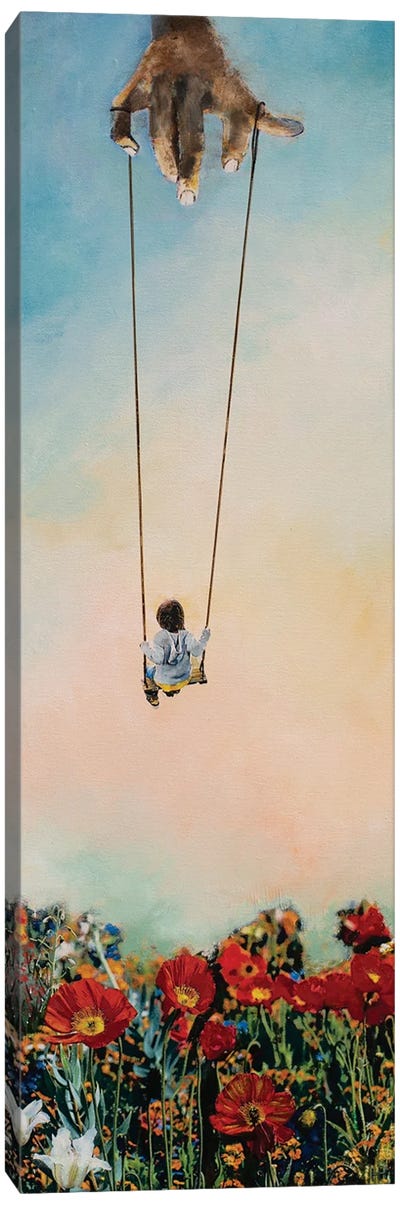The Girl, The Giant And The Red Flowers I Canvas Art Print - Free Falling