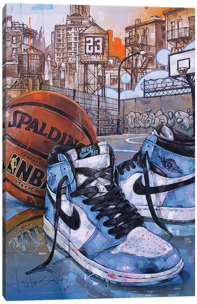 Air Jordan 1 University Blue Canvas Art Print - Cityscape Art